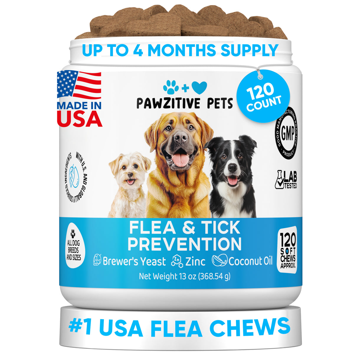 Flea and Tick Prevention for Dogs – 120 Soft Chews | Pawzitive Pets