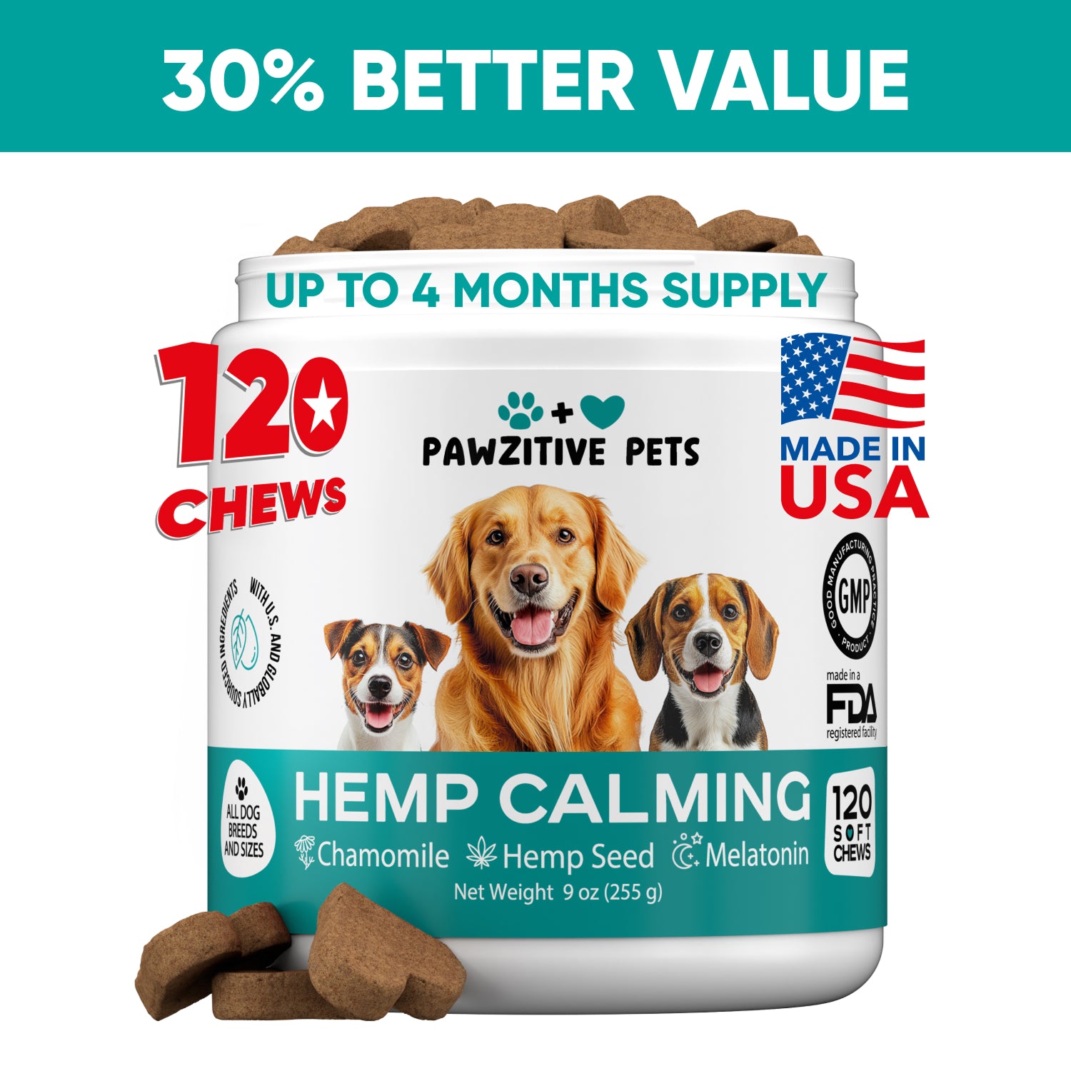 Hemp Calming Chews for Dogs – 120 Soft Chews