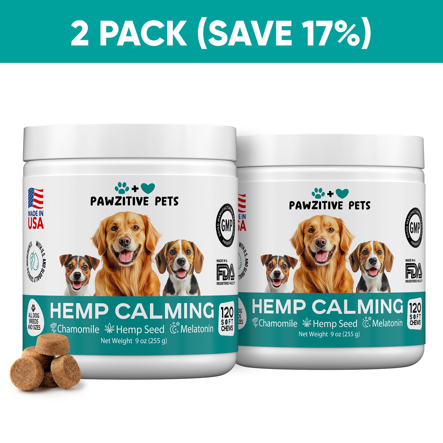 Hemp Calming Chews for Dogs – 2 Pack
