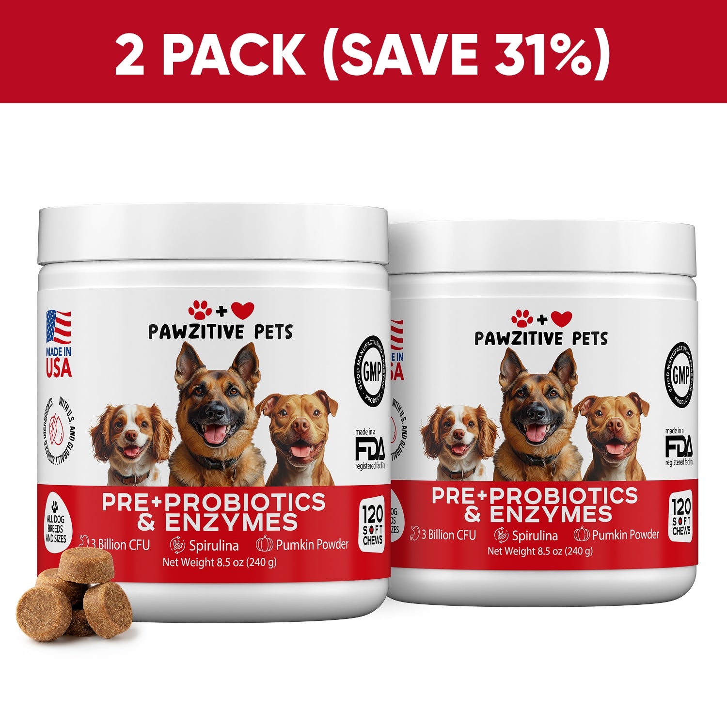 Pre+Probiotics for Dogs Digestive Health – 2 Pack