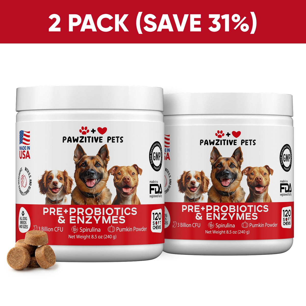 Pre+Probiotics for Dogs Digestive Health – 2 Pack