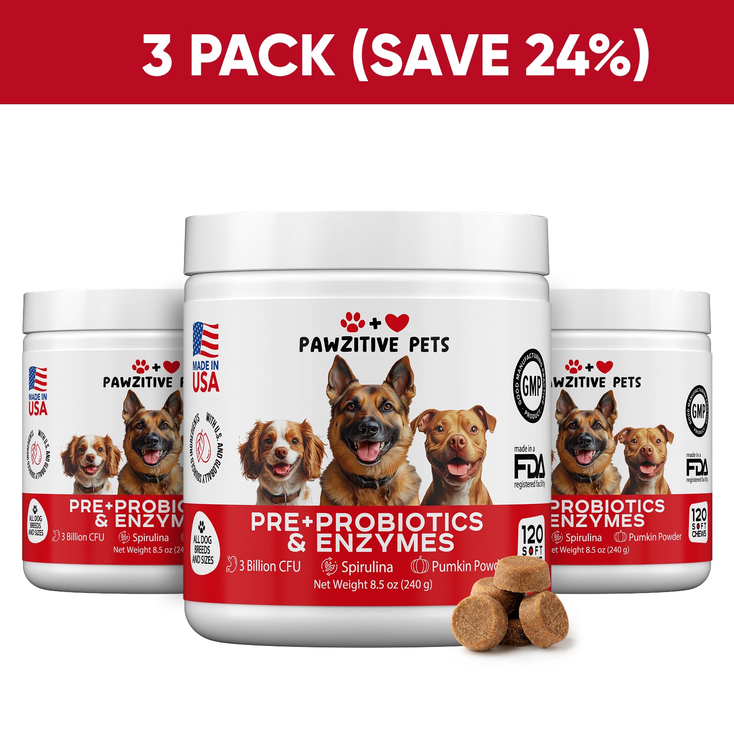 Pre+Probiotics for Dogs Digestive Health – 3 Pack
