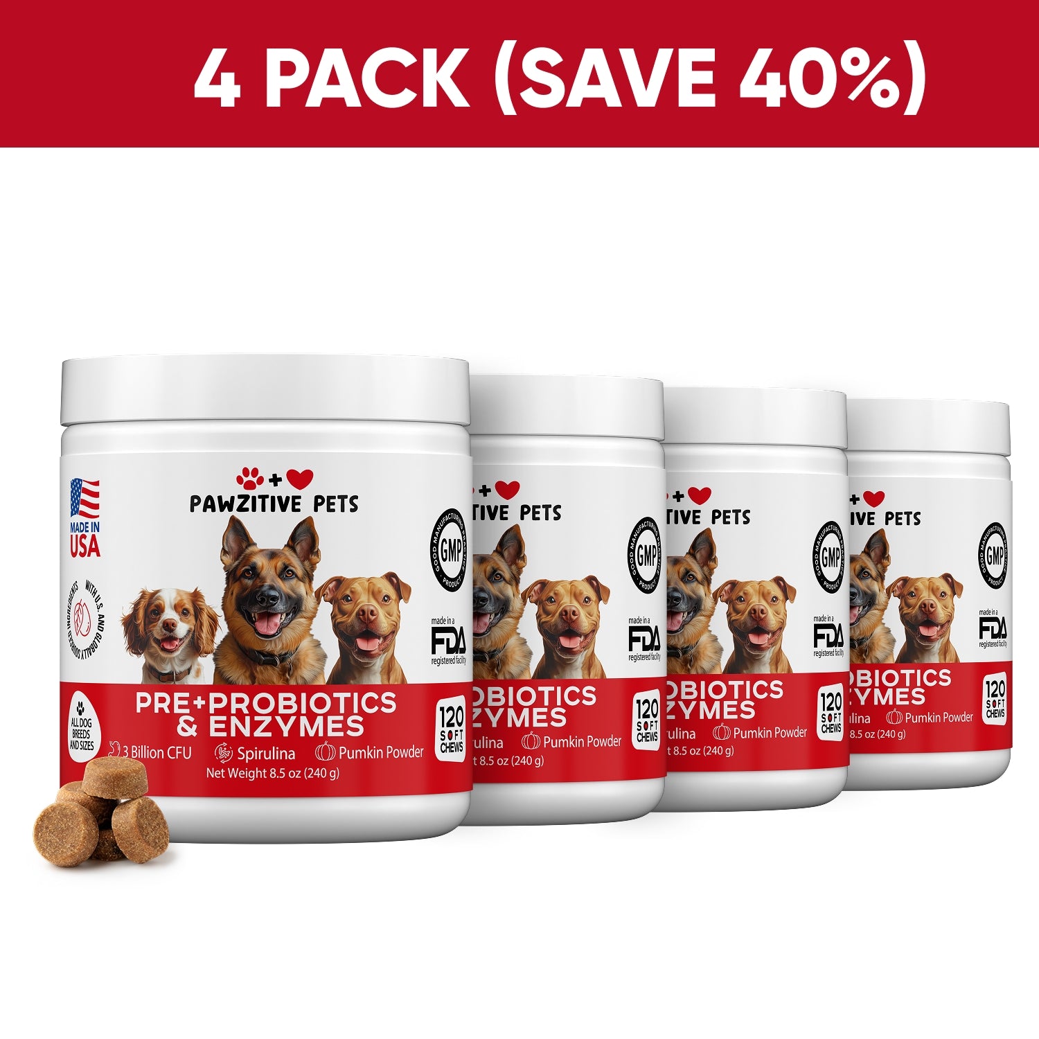 Pre+Probiotics for Dogs Digestive Health – 4 Pack