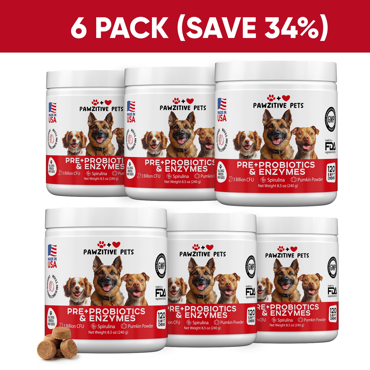 Pre+Probiotics for Dogs Digestive Health – 6 Pack